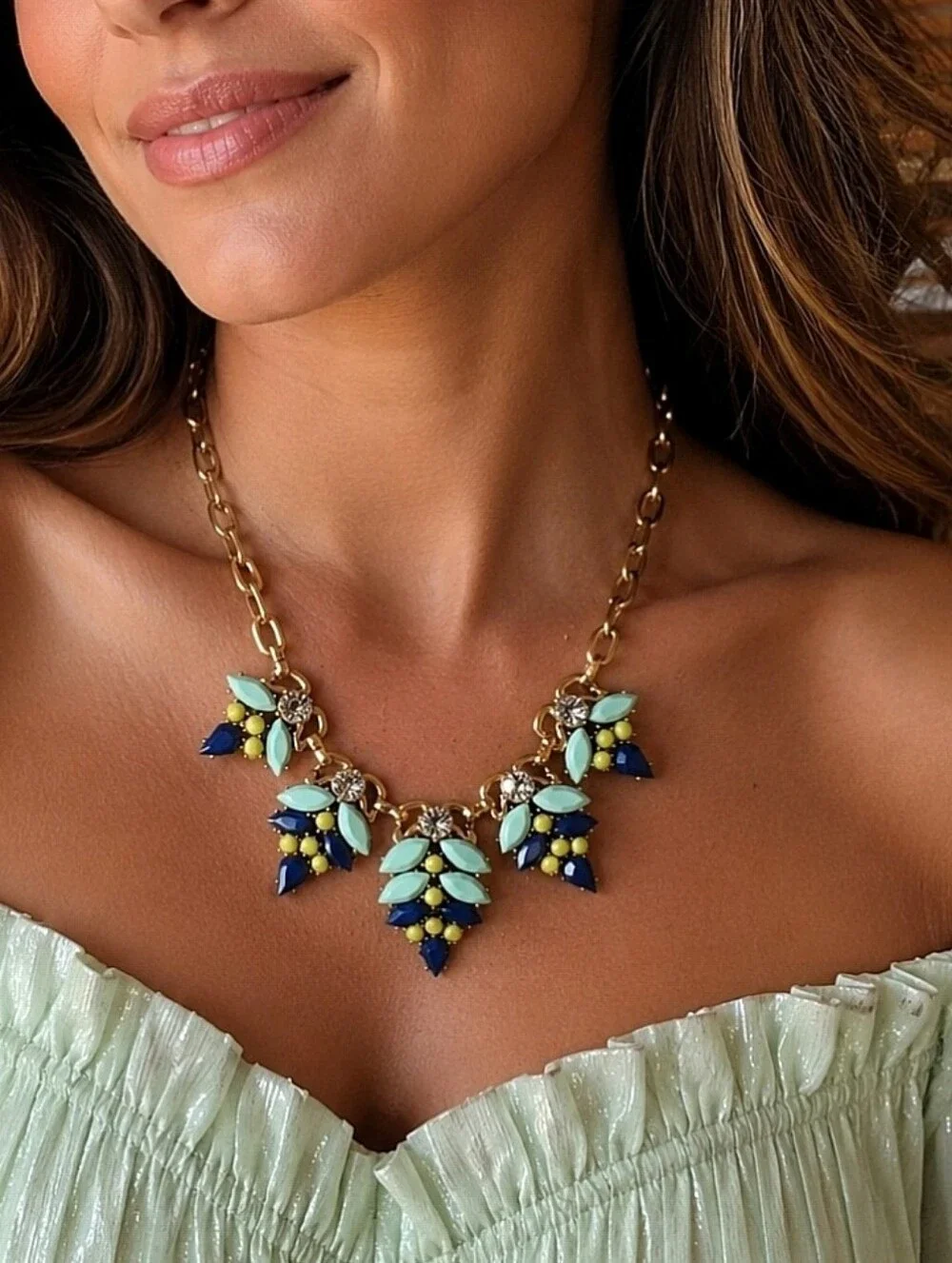 J. Crew Brass Tone Clear Navy Mint Pistachio Stones Statement Necklace Vintage